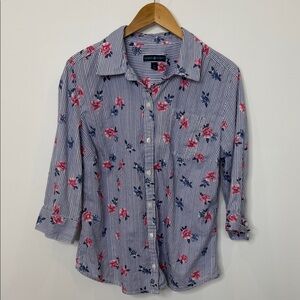 Karen Scott Cotton Blue & Pink Floral Button-Down Shirt – Women’s Large
